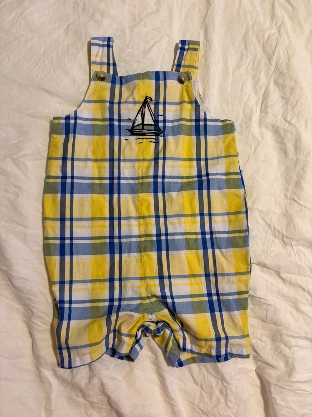 Yellow & Blue Plaid Baby Romper with Sailboat